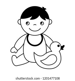 cute baby boy sitting with rubber duck