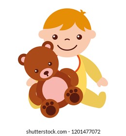 cute baby boy sitting with teddy