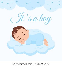 Cute baby boy sleeping on a blue cloud. It's a boy background. Gender reveal, baby shower,baby announcement.Greeting Card, Invitation Card. Vector Illustration