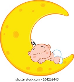 Cute Baby Boy Sleeps On Moon Cartoon Character