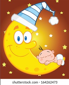 Cute Baby Boy Sleeps On The Moon With Sleeping Hat Over Sky With Stars