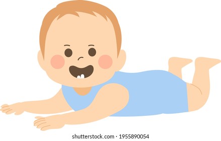 Cute baby boy smiling showing first teeth on tummy time pose