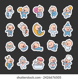 Cute baby boy. Sticker Bookmark. Cartoon little newborn character. Hand drawn style. Vector drawing. Collection of design elements.