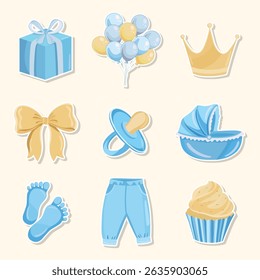 Cute baby boy stickers for baby shower with blue and yellow kids party illustrations including toys, stars, balloons, and festive decorative elements