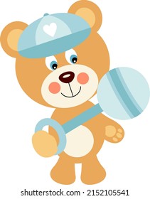 Oso de peluche para bebés sujetando un juguete para bebés