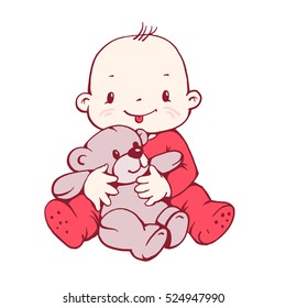 Cute baby boy with the Teddy bear isolated on white background. Hand-drawn illustration. Vector