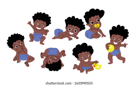 Cute baby boy or toddler vector illustration in various poses such as standing, sitting, playing, crawling. Baby shower illustration. Dark skin African cute baby boy activities