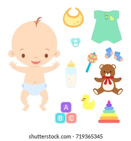 Cute Baby Boy with Toys Clothes and Accessories Vector Illustration