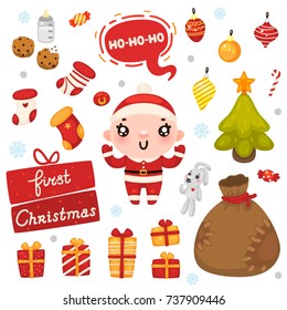 Cute baby boy tree and first Christmas, holiday decorations, set, vector.