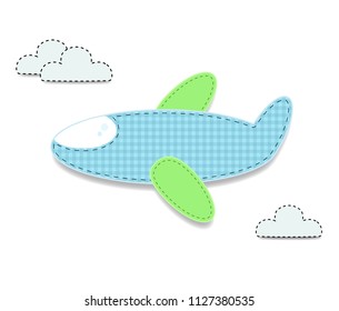 Cute baby boy vector clip art element for scrapbooking or baby shower greeting card and childs design. Cut out fabric or paper chequered blue airplane sticker or icon isolated on white background.