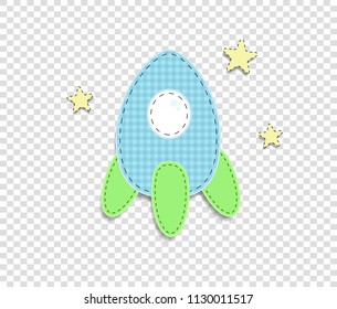 Cute baby boy vector clip art element for scrapbook or baby shower greeting card and childs design. Cut out fabric or paper plaid blue rocket and stars sticker, icon isolated on transparent background