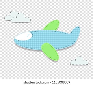 Cute baby boy vector clip art element for scrapbook or baby shower greeting card and kids design. Cut out fabric or paper checkered blue airplane sticker or icon isolated on transparent background.