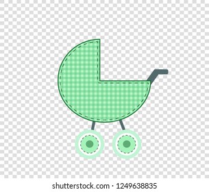 Cute baby boy vector clip art element for scrapbook or baby shower greeting card and kids design. Cut out fabric or paper checkered green stroller sticker or icon isolated on transparent background.