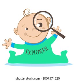 Cute baby boy watching through the magnifying glass exploring the world. Cartoon character vector illustration. Can be used for logo design, t shirt print, baby shower invitation and greeting card.