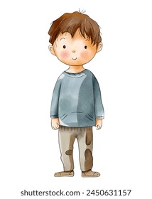 Cute baby boy. Watercolor boy. Watercolor child standing at full height.