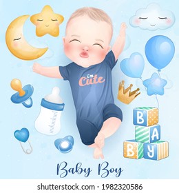 Cute baby boy with watercolor illustration