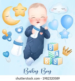 Cute baby boy with watercolor illustration