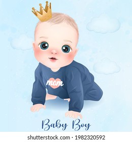 Cute Baby Boy With Watercolor Illustration