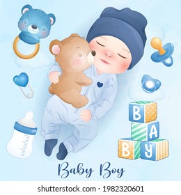 Cute Baby Boy With Watercolor Illustration