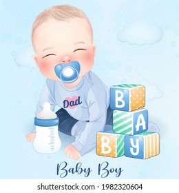 Cute baby boy with watercolor illustration