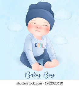 Cute baby boy with watercolor illustration