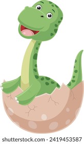Cute baby brontosaurus cartoon hatching from egg