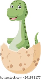 Cute baby brontosaurus cartoon hatching from egg