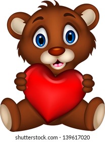 cute baby brown bear cartoon posing with heart love