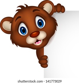 Cute Baby Brown Bear Cartoon Posing With Blank Sign