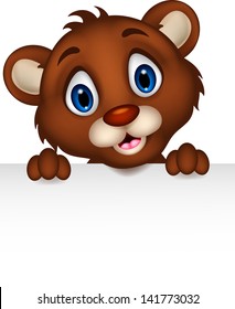 Cute Baby Brown Bear Cartoon Posing With Blank Sign