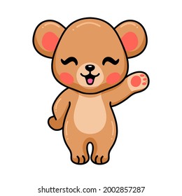 Cute baby brown bear cartoon waving hand