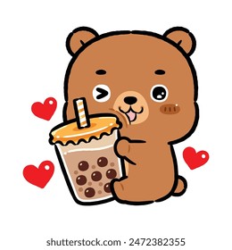 Cute Baby Brown Bear Hugging Bubble Milk Tea. Kawaii Style Cartoon