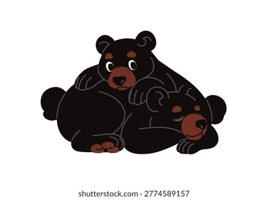 Cute baby brown bears lying together, having a rest. Funny grizzly cubs sleep cuddling. Happy family of forest animals. Asleep wildlife sibling. Flat isolated vector illustration on white background