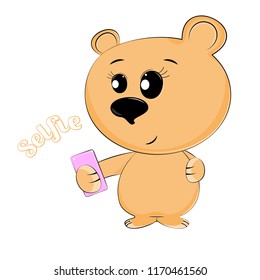 Cute baby brown teddy bear make the selfie photo on a smartphone isolated white background. Sweet kids graphics for t-shirts. Greeting card.