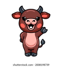 Cute baby buffalo cartoon waving hand