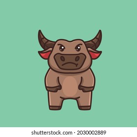 cute baby buffalo mad angry. cartoon animal nature concept Isolated illustration. Flat Style suitable for Sticker Icon Design Premium Logo vector. Mascot Character