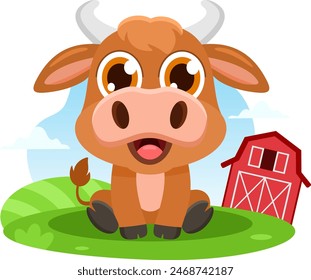 Cute Baby Bull Animal Cartoon Character. Vector Illustration Flat Design Isolated On Transparent Background