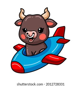Cute baby bull cartoon flying on plane