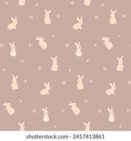 Cute baby bunnies with flowers in pastel colors seamless pattern. Easter holiday and spring concept