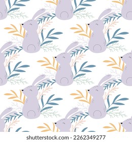 Cute baby bunnies seamless pattern. Background with rabbits herbs and foliage. Spring Easter print with hares for textiles, packaging, paper, wallpaper and design. Cartoon style, vector illustration