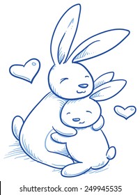 Cute baby bunny and adult cuddling, hugging, happy, for easter or baby shower card. Hand drawn line art vector illustration.