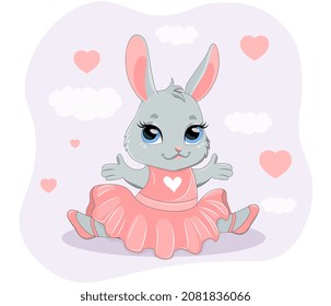 Cute baby bunny ballerina. Little rabbit in pink tutu and pointe shoes sitting on twine. Wild animal dancing. Design element for printing on children clothing. Cartoon flat vector illustration