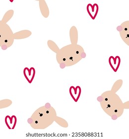 cute baby bunny beige hand drawn face with pink hearts, girly seamless pattern valentines day fabric and textile design