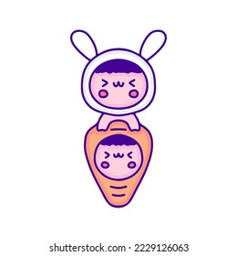 Cute baby in bunny and carrot costume doodle art, illustration for t-shirt, sticker, or apparel merchandise. With modern pop and kawaii style.