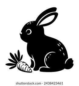 Cute baby bunny with carrot, silhouette, easter holiday. Vector illustration. svg
