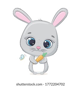 Cute baby bunny with carrot. Vector illustration for baby shower, greeting card, party invitation, fashion clothes t-shirt print.