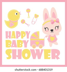 Cute baby bunny and baby cart vector cartoon illustration for baby shower card design, postcard, and wallpaper