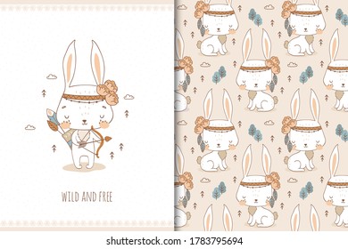 Cute baby bunny. Cartoon Tribal 
 forest animal character. Kids card print template and seamless background pattern. Hand drawn surface design vector illustration. 