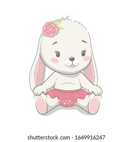 Cute baby bunny cartoon vector illustration. Illustration in hand drawing style for baby shower. Greeting card, party invitation, fashion clothes t-shirt print.
