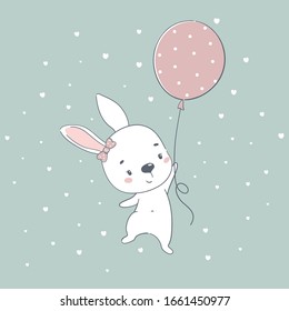 Cute baby bunny cartoon vector illustration. Illustration in hand drawing style for baby shower, greeting card, party invitation, fashion clothes t-shirt print.